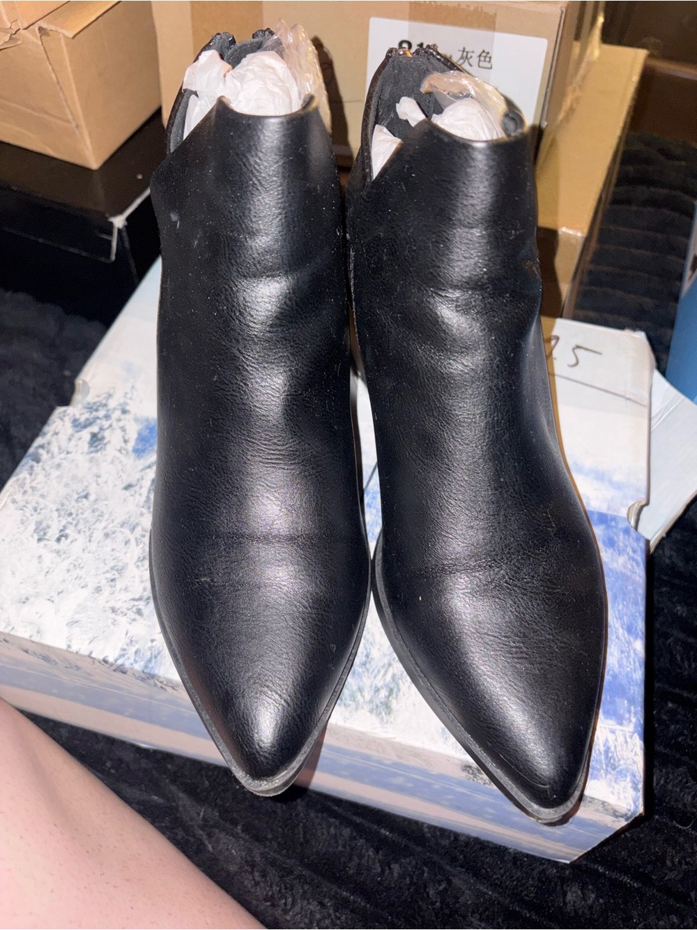 Amazon Black Pointed Leather Ankle Booties - Women's